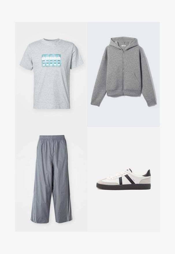 Sweat à capuche zippé gris clair avec poches avant et capuche, présenté à plat sur un fond clair.; T-shirt en coton gris avec un imprimé central représentant cinq footballeurs en maillots blancs avec des accents teal, col rond et manches courtes.; Pantalons large en synthétique gris, légers, avec une taille élastique et des rayures blanches sur les côtés. Texture lisse avec un design décontracté.; Baskets blanches avec des accents noirs et gris, présentant un embout texturé gris, une semelle en caoutchouc noir et des lacets plats blancs. Design épuré, style minimaliste.