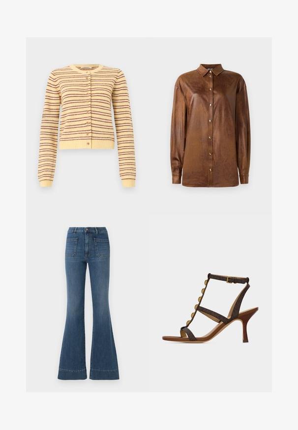 Gul strikket cardigan med lange ærmer, horisontale brune striber, rund halsudskæring, knaplukning foran og ribbede ærmekanter og kant forneden.; Brun imitativ læder skjorte med knaplukning fortil, krave og lange ærmer. Har en subtil tekstur og guldtonede knapper.; Bredde blå jeans i en medium vask med høj talje, fem lommer og let falmning ved knæene og lårene.; Brun læder højhælet sandal med guldknapdetaljer, anklestrop og træstiletthæl på hvid baggrund.