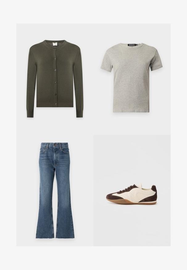 Cardigan en maille vert olive foncé avec manches longues, col rond, poignets et bas côtelés, et sept boutons noirs sur le devant.; T-shirt en coton gris clair à manches courtes et col rond avec une étiquette noire visible à l'intérieur du col indiquant "DENIM" et la taille "S."; Jean flare en denim de lavage bleu moyen avec une taille haute, présentant un style traditionnel à cinq poches et un ourlet effiloché en bas.; Baskets marron et crème présentant un mélange de matériaux texturés et lisses, profil bas, design à lacets, et semelle en caoutchouc.