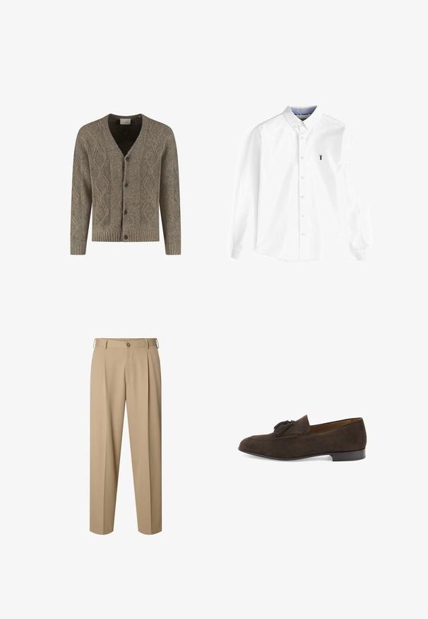 Brauner Strickcardigan mit Rautenmuster, V-Ausschnitt, gerippten Bündchen und Saum sowie einer vorderen Knopfleiste mit vier dunkelgrauen Knöpfen.; Weißes Langarmhemd aus Baumwolle mit Button-Down-Kragen, vorderer Knopfleiste und einem kleinen marineblauen Hummer-Logo auf der Brust.; Beige maßgeschneiderte Hose mit vorderen Falten, Gürtelschlaufen, Knopfverschluss und geradem Bein.; Dunkelbrauner Herren-Slipper aus Wildleder mit Quasten, niedrigem Absatz und abgerundetem Zehenbereich, im Profil auf weißem Hintergrund gezeigt.