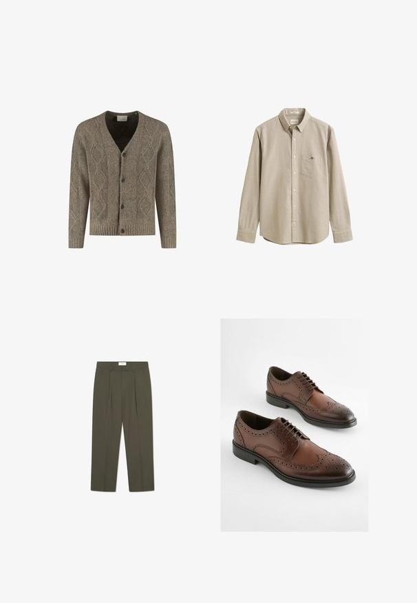 Cárdigan marrón de punto con patrón de diamante, escote en V, puños y dobladillo acanalados, y cierre frontal de botones con cuatro botones oscuros.; Camisa beige de manga larga, abotonada, con cuello, bolsillo en el pecho y un pequeño logo bordado en el bolsillo. La camisa se muestra sobre un fondo liso.; Pantalones verde oliva con rayas verticales, que cuentan con una cintura entallada, pliegues y un diseño de pierna recta. Textura suave.; Zapatos derby de cuero marrón con diseño de brogue, punta afilada y suela de goma plana. Perforaciones intrincadas a lo largo de los bordes.
