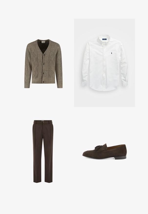 Cardigan en tricot marron avec motif en losange, col en V, poignets et ourlet côtelés, et fermeture à bouton sur le devant avec quatre boutons sombres.; Chemise blanche à manches longues en coton. Dotée d'un col pointu, de longues manches et d'un petit logo navy sur la poitrine. Texture lisse.; Pantalon marron foncé sur mesure avec plis à l'avant, passants de ceinture, fermeture par bouton et coupe droite.; Mocassin pour homme en daim marron foncé avec pampilles, talon bas et bout arrondi, présenté de profil sur un fond blanc.