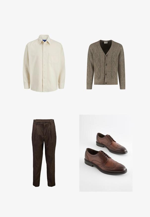Brun strikket cardigan med diamantmønster, V-udskæring, ribbede manchetter og kant, samt frontknaplukning med fire mørke knapper.; Beige corduroy skjorte med knaplukning foran, krave, lange ærmer og en enkelt brystlomme. Har smalle lodrette striber.; Brune herreuld bukser med forreste plisseringer, knaplukning og bæltestropper, vist mod en hvid baggrund.; Brune læder brogue pent sko med perforerede detaljer og sorte såler, vist side om side på en hvid baggrund.
