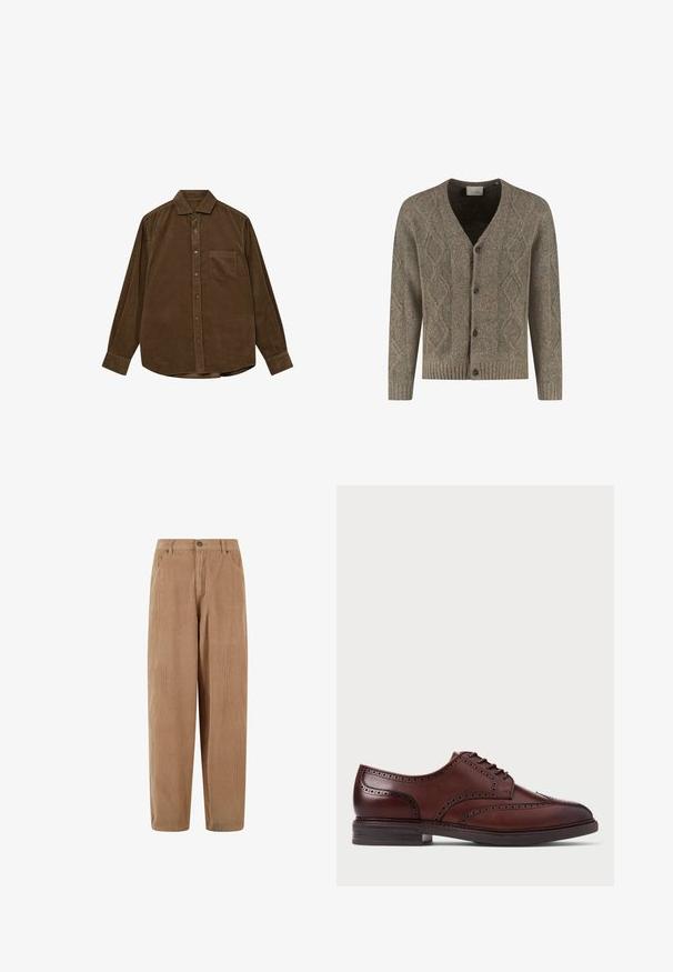 Brun strikket cardigan med diamantmønster, V-udskæring, ribbede manchetter og kant, samt frontknaplukning med fire mørke knapper.; Brun kordfløjls skjorte med lange ærmer, knap-ned krave, frontlomme og struktureret ribbet overflade. Har sølvfarvede knapper.; Kamelsnore bukser i lys brun med lige ben-design, med knaplukning og sidelommer, struktureret ribbet overflade.; Brun læder brogue sko med vinge design, perforeret detailing og mørk sål, vist i sideprofil på hvid baggrund.