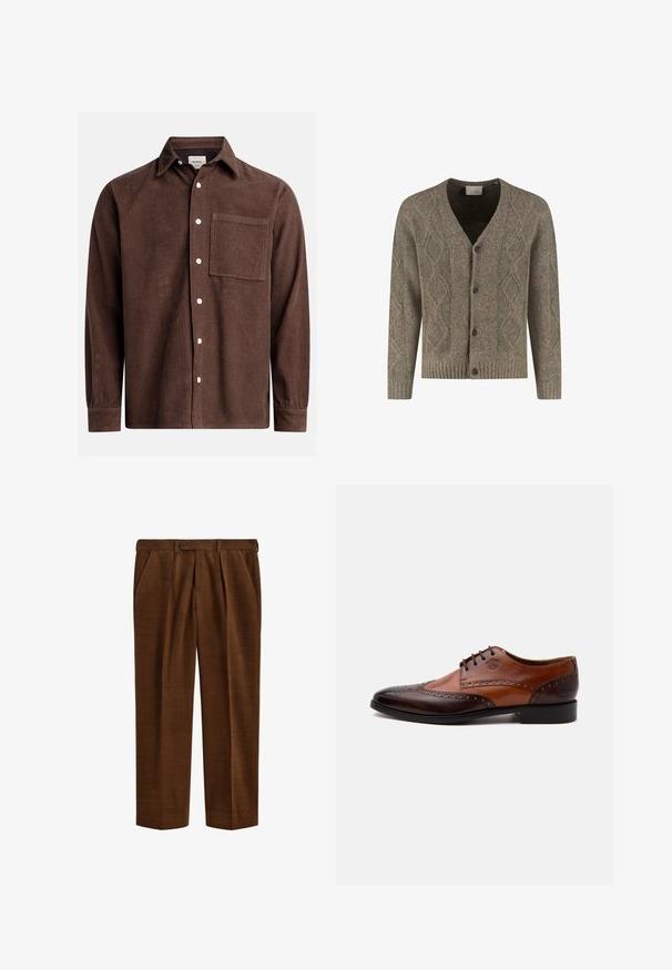 Cardigan en tricot marron avec motif en losange, col en V, poignets et ourlet côtelés, et fermeture à bouton sur le devant avec quatre boutons sombres.; Chemise en velours côtelé marron avec un col boutonné, poche avant, boutons blancs et manches longues avec des poignets boutonnés. Détail de tissu texturé.; Pantalon en velours côtelé marron avec des plis, poches latérales, passants pour ceinture et fermeture par bouton à la taille, présenté à plat sur fond blanc.; Chaussure habillée homme en cuir marron bicolore avec détails brogue et fermeture à lacets, vue de côté sur fond blanc.