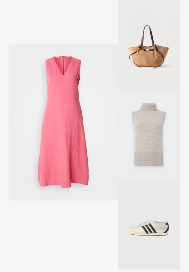 Chaleco de punto sin mangas en color beige con cuello alto, sisas y dobladillo acanalados sobre un fondo blanco.; Vestido sin mangas, hasta la rodilla, en lino de color rosa brillante. Presenta un escote en V y una cremallera en la parte trasera, con un acabado de tela suave y texturizado.; Zapatilla deportiva de perfil bajo con una parte superior verde menta brillante, tres franjas negras y una suela de goma texturizada color crema. Diseño minimalista con detalle de logo.; Bolso tote de ante marrón claro con largas asas de cuero marrón oscuro y detalle decorativo de correa en la parte delantera sobre fondo blanco.