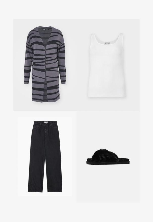 Langer, offen-front Cardigan in Grautönen mit schwarzen abstrakten Streifen. Hergestellt aus weichem Material, mit lockerer Passform und gesenkten Schultern.; Weißes, geripptes ärmelloses Tanktop mit Rundhalsausschnitt, flach auf einem hellen Hintergrund dargestellt.; Schwarze hoch geschnittene, weit geschnittene Jeans aus Denim mit Vorderknopf- und Reißverschluss, Gürtelschlaufen und fünf Taschen.; Schwarze, pelzige Slipper-Sandalen mit einer weichen Textur, offener Zehenpartie und flacher schwarzer Sohle. Keine sichtbaren Beschläge oder Muster.