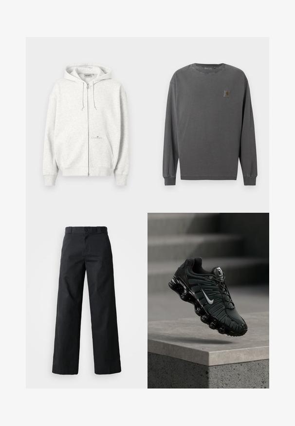 Sweat à capuche gris clair zippé avec capuche, poches avant, cordons de serrage et logo Carhartt subtil sur la poche avant.; Chemise à manches longues en coton gris foncé. Elle comporte un col rond, des poignets élastiques et un petit patch logo carré sur la poitrine gauche.; Pantalon noir à jambes larges en coton. Doté d'une fermeture à bouton, de passants de ceinture et de poches latérales. Texture lisse avec une coupe ajustée.; Chaussure de course Nike noire et gris foncé avec logo swoosh blanc suspendue au-dessus d'un rebord en béton, avec des escaliers en arrière-plan.