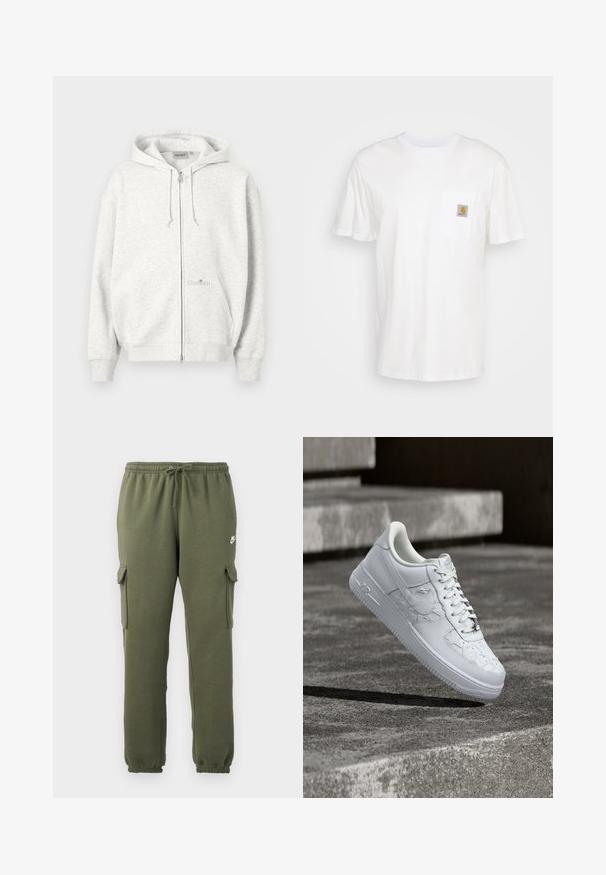 Lichtgrijze hoodie met rits, capuchon, zakken aan de voorkant, trekkoorden en een subtiel Carhartt-logo op de voorzak.; Witte katoenen t-shirt met korte mouwen, een borstzak en een klein vierkant logo-opdruk in oranje en wit op de zak.; Olijfgroene cargobroek met elastische tailleband, trekkoordsluiting, zijzakken en een logo op de dij. Gladde katoenmix stof.; Witte Nike Air Force 1 sneaker met gegraveerde sterrenpatronen en een metalen ster-veterbedel, zwevend boven een betonnen oppervlak.