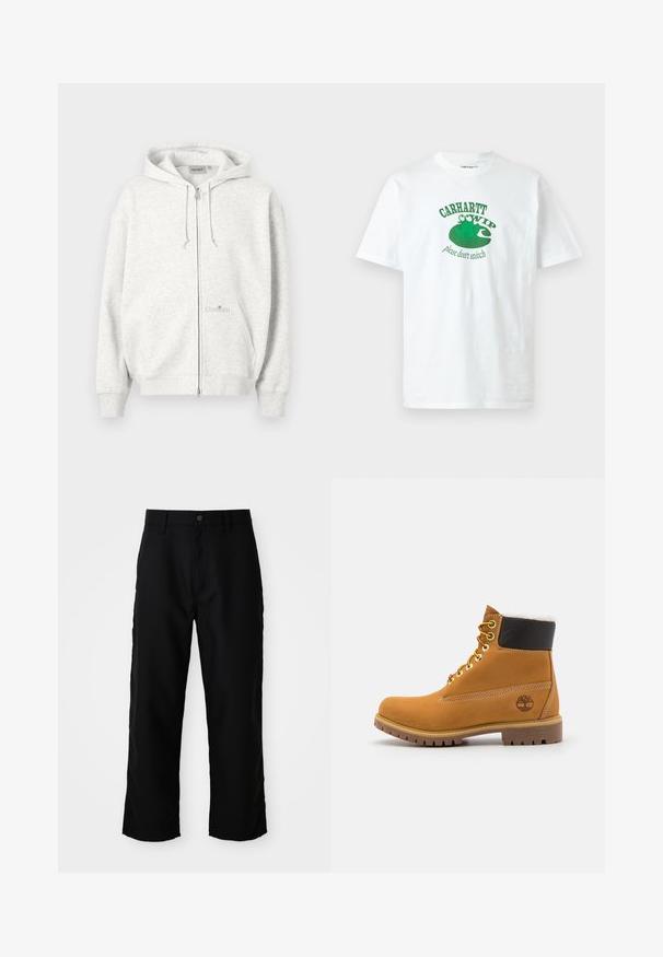 Lysegrå lynlåshættejakke med hætte, forlommer, snoretræk og subtilt Carhartt-logo på forlomma.; Hvid t-shirt med korte ærmer med grøn frø grafik siddende på en åkandeblad og teksten "Carhartt WIP please don't snitch" på fronten.; Sorte lige ben bukser med bæltestropper, frontknap og lynlås lukning på ensfarvet lys baggrund.; Brune læder ankelstøvle med metaløjer, hvid pelsforing, sort polstret krave, robust sål og præget logo på siden.