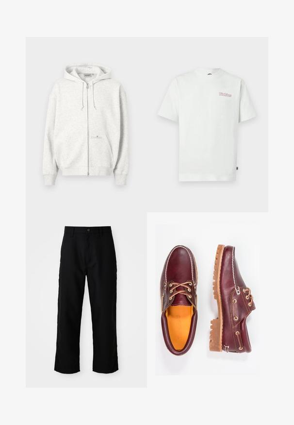 Lysegrå lynlåshættejakke med hætte, forlommer, snoretræk og subtilt Carhartt-logo på forlomma.; Hvid bomulds t-shirt med korte ærmer, rund halsudskæring og en pink "Dickies" logo på venstre brystområde. Glat tekstur.; Sorte lige ben bukser med bæltestropper, frontknap og lynlås lukning på ensfarvet lys baggrund.; Bordeaux lædersko med brune gummisåler, rund tå, hvid syning og gyldne snøringer. Indersiden har et gult for.
