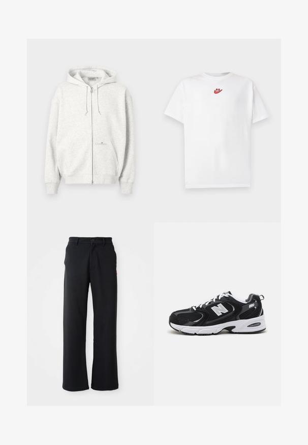 Lysegrå lynlåshættejakke med hætte, forlommer, snoretræk og subtilt Carhartt-logo på forlomma.; Hvid t-shirt med korte ærmer og lille rødt smiley-logo placeret centralt nær halsudskæringen foran.; Sorte lige bukser med knap- og lynlåslukning, bæltestropper og sidelommer, vist mod en hvid baggrund.; Sorte og grå sportssko med mesh og ruskind på overdelen, der har en hvid mellemsål, snørebånd og et iøjnefaldende "N" logo på siden.