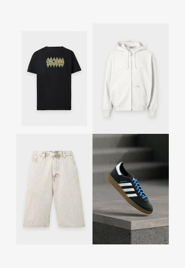 Sweat à capuche gris clair zippé avec capuche, poches avant, cordons de serrage et logo Carhartt subtil sur la poche avant.; T-shirt noir à manches courtes avec motif géométrique triangulaire bleu et orange et texte « VOLCOM » centré sur la poitrine.; Shorts en denim gris clair délavé avec poches avant, passants pour ceinture et fermeture par bouton, présentés à plat sur un fond blanc.; Baskets Adidas noires avec des rayures blanches, des lacets bleus et une semelle en gomme flottant au-dessus d'une marche en béton grise sous une lumière douce.