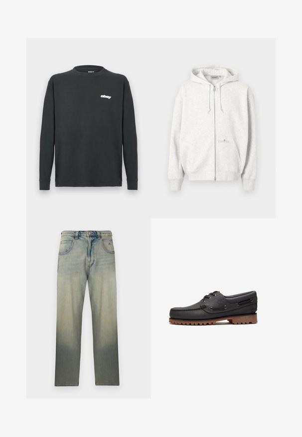 Hellgrauer Kapuzenpullover mit Reißverschluss, Kapuze, Fronttaschen, Kordelzug und dezentem Carhartt-Logo auf der Fronttasche.; Schwarzes Langarm-T-Shirt aus Baumwolle mit Rundhalsausschnitt und einem weißen "obey"-Logo auf der linken Brust. Glatte Textur, lockere Passform.; Verblasste Jeans mit geradem Bein, fünf Taschen, Knopfverschluss und dezenten Ziernähten in der Nähe der Vordertaschen.; Schwarzes Bootsschuh aus Leder mit Schnürdetails, rundem Zehenbereich, strukturierter brauner Gummisohle und genähten Lederseiten.