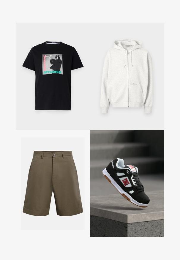 Svetlosivá mikina na zips s kapucňou, prednými vreckami, sťahovacími šnúrkami a jemným logom Carhartt na prednom vrecku.; Čierne bavlnené tričko s grafickým potlačou a textom "WEEKEND OFFENDER" a "London Calling," zvýrazneným tyrkysovou a ružovou farbou.; Pánske khaki kraťasy na mieru s opaskovými slučkami, bočnými vreckami, zapínaním na gombíky a zips, a lemom dĺžky po kolená.; Čierno-biela DC skate topánka s červeným logom, gumovou podrážkou a čiernymi šnúrkami, vznášajúca sa nad betónovým okrajom v mäkkom svetle.
