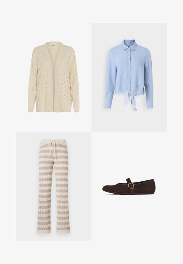 Cárdigan de punto en beige claro, con un corte holgado, frente abierto y un patrón perforado decorativo. Mangas largas con puños de canalé.; Camisa de botones de rayas azules y blancas con mangas largas, un dobladillo frontal anudado y un solo bolsillo en el pecho. Tejido suave y diseño de cuello clásico.; Pantalones de lounge de punto con rayas verticales en beige y crema, que cuentan con una cintura ajustable con cordón y una textura de punto abierto.; Zapato plano marrón con punta redondeada, parte superior de cuero suave y una correa delgada a lo largo del empeine asegurada con una hebilla en tono dorado.