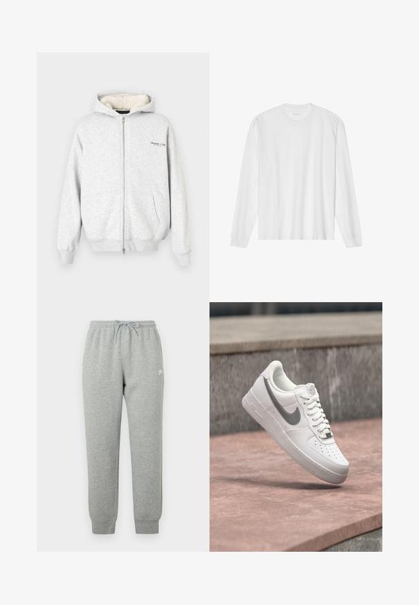 Grå zip-up hoodie lavet af blødt, tekstureret materiale, med fleece-foring og to forlommer. Lille logodetalje på brystet.; Hvid, langærmet t-shirt i bomuld med rund hals, med ribbede ærmeafslutninger og en lige kant, glat tekstur og minimalistisk design.; Grå joggingbukser lavet af blødt stof, med elastisk talje med snøre, tilspidsede ben og en lille hvid logo på siden.; Hvid Nike Air Force 1 sneaker med gråt swoosh-logo svævende over en stensurface og en grå stenvæg i baggrunden.