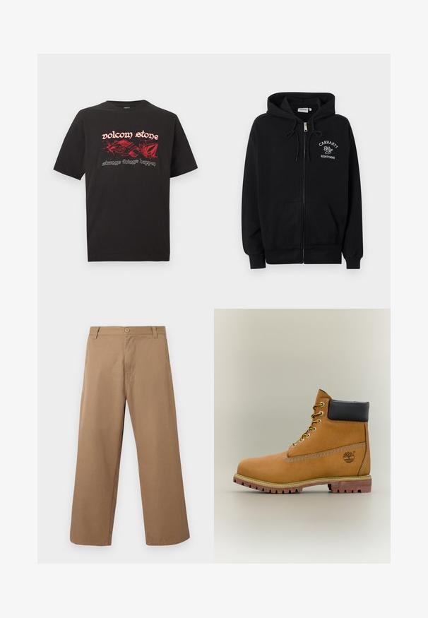 Sweat à capuche noir zippé avec poches avant, capuche à cordon et texte blanc "Carhartt Wip Eightynine" sur la poitrine gauche.; T-shirt noir à coupe ample avec des graphismes abstraits de flammes rouges et le texte « volcom stone » et « strange things happen » sur le devant.; Pantalon beige à jambes larges avec passants pour ceinture, bouton sur le devant et fermeture éclair, présenté sur un fond clair uni.; Bottine en cuir marron avec col noir, lacets jaunes et semelle beige. Présente un logo et des détails de couture blanche. Semelle extérieure à traction robuste.