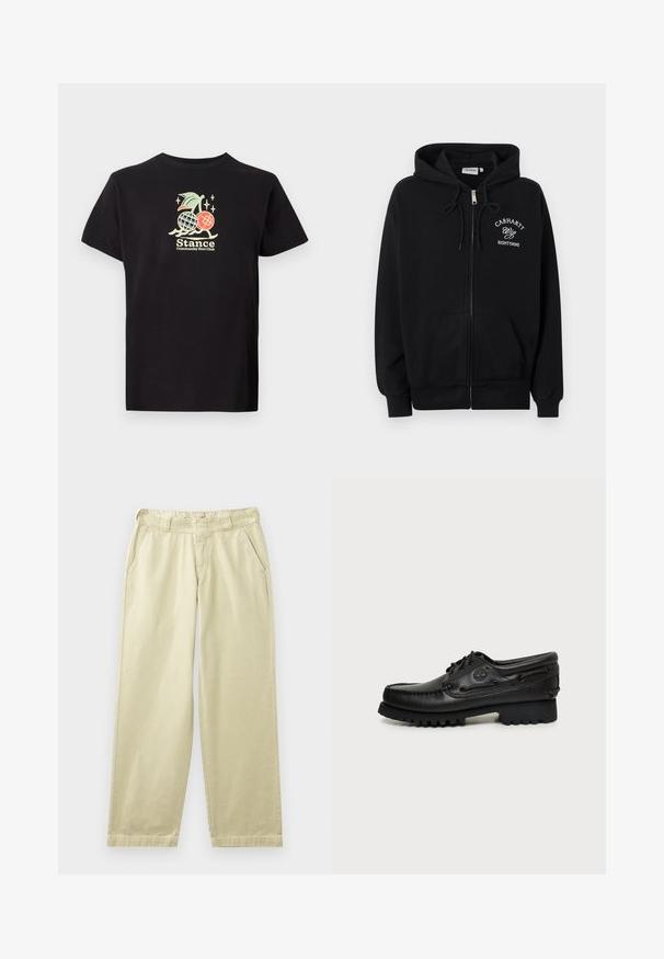 Čierna mikina na zips s vreckami vpredu, kapucňou so sťahovacou šnúrkou a bielym nápisom "Carhartt Wip Eightynine" na ľavej strane hrude.; Čierne bavlnené tričko s farebnou grafickou potlačou ananásu a čerešní, text znie "Stance Community Run Club." Krátke rukávy.; Béžové bavlnené nohavice s voľným strihom, vybavené bočnými vreckami, pútkami na opasok a rovnými nohavicami. Hladká textúra s minimálnymi detailmi švov.; Čierna kožená lodná obuv so šnúrkami, hrubou podrážkou, dizajnom moc toe a vyrazeným logom na boku.