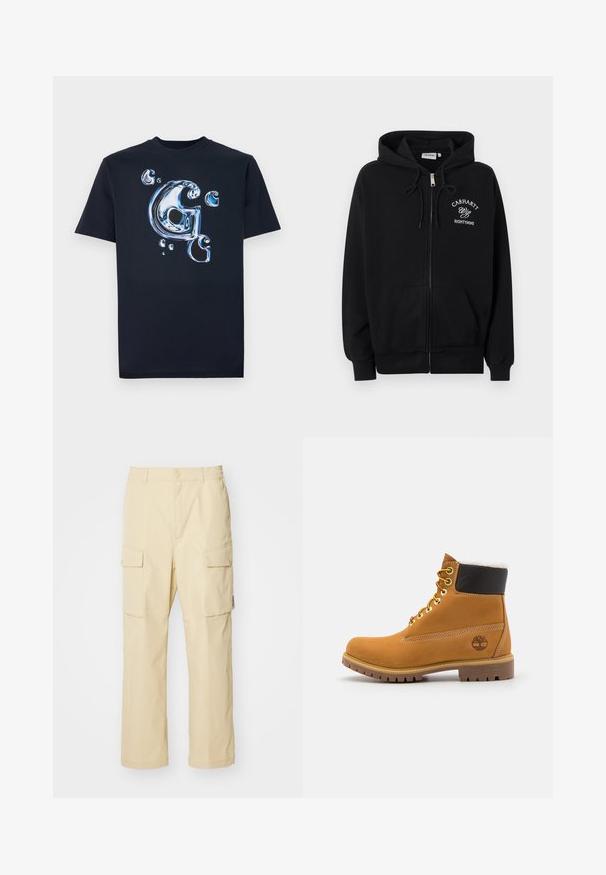 Zwarte hoodie met ritssluiting, voorkantzakken, capuchon met trekkoord en witte tekst "Carhartt Wip Eightynine" op de linkerborst.; Zwarte katoenen T-shirt met een glanzende, metallic stijl letter "G" en luchtbelletjes in tinten blauw. Korte mouwen met een klassieke pasvorm.; Beige cargobroek van stof met een elastische tailleband en knoopsluiting. Beschikt over twee zijzakken en een eenvoudig ontwerp.; Bruine leren enkellaars met metalen oogjes, witte faux bont voering, zwarte gewatteerde kraag, robuuste zool en een reliëflogo aan de zijkant.