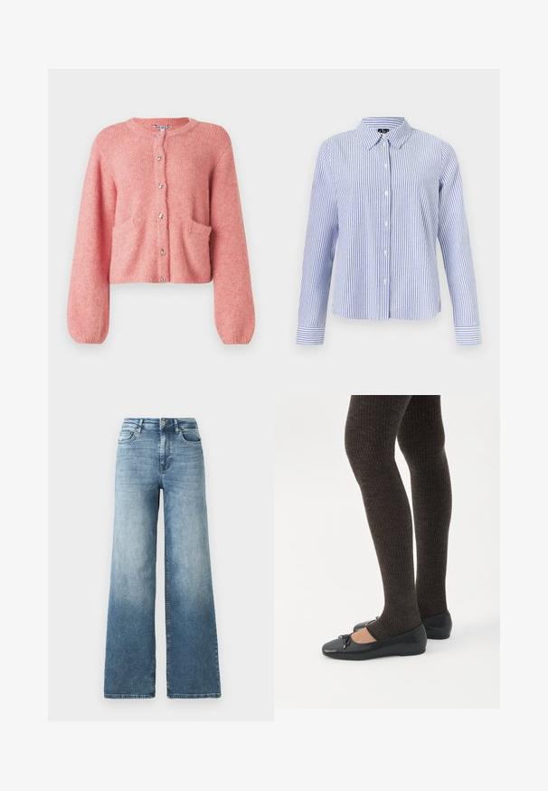 Lyserød cropped cardigan lavet af blødt materiale, med rund halsudskæring, lange ærmer, forlommer og skinnende knaplukninger.; Langærmet skjorte med knapper med hvide og lyseblå lodrette striber og en spids krave vist på en ensfarvet baggrund.; Vide ben jeans i lys blå vask, med høj talje, fem-lomme design og subtil falmen på stoffet. Klassisk metalknap lukning.; Ben iført mørke ribbede leggings kombineret med sorte balletsko med små sløjfedetaljer på hvid baggrund.