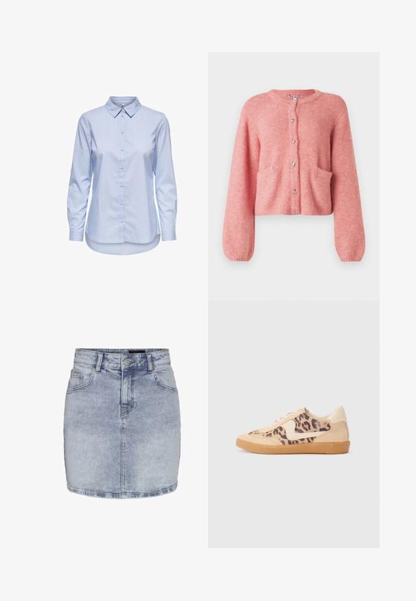 Cardigan court rose en matériau doux, avec un col rond, des manches longues, des poches avant et des fermetures à boutons brillants.; Chemise bleu à rayures, à col, à manches longues et à ourlet arrondi. Le tissu semble lisse et léger. Fermeture par boutons sur le devant.; Mini-jupe en denim bleu clair avec boutons sur l'avant, fermeture éclair, passants pour ceinture et deux poches avant sur fond blanc.; Baskets en imprimé léopard avec tige en suède beige, semelle en caoutchouc tan et accents blancs. Bout rond et design à lacets avec une finition texturée.