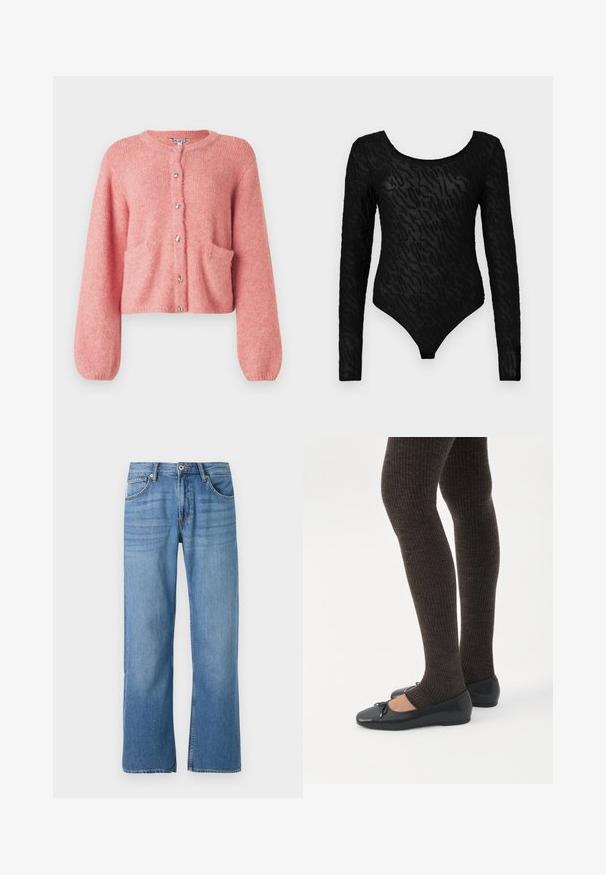 Roze cropped cardigan van zacht materiaal, met een ronde hals, lange mouwen, voorzakken en glanzende knoopsluitingen.; Zwarte bodysuit met lange mouwen en een textuurpatroon, met een ronde halslijn en een aansluitende pasvorm, gemaakt van een transparant materiaal.; Lichtblauwe denim jeans met een recht model, vijf-pocket stijl, enkele knoopsluiting en gestikte details langs de naden.; Benen met donkere geribbelde leggings gecombineerd met zwarte ballerina's met kleine strikdetails op een witte achtergrond.