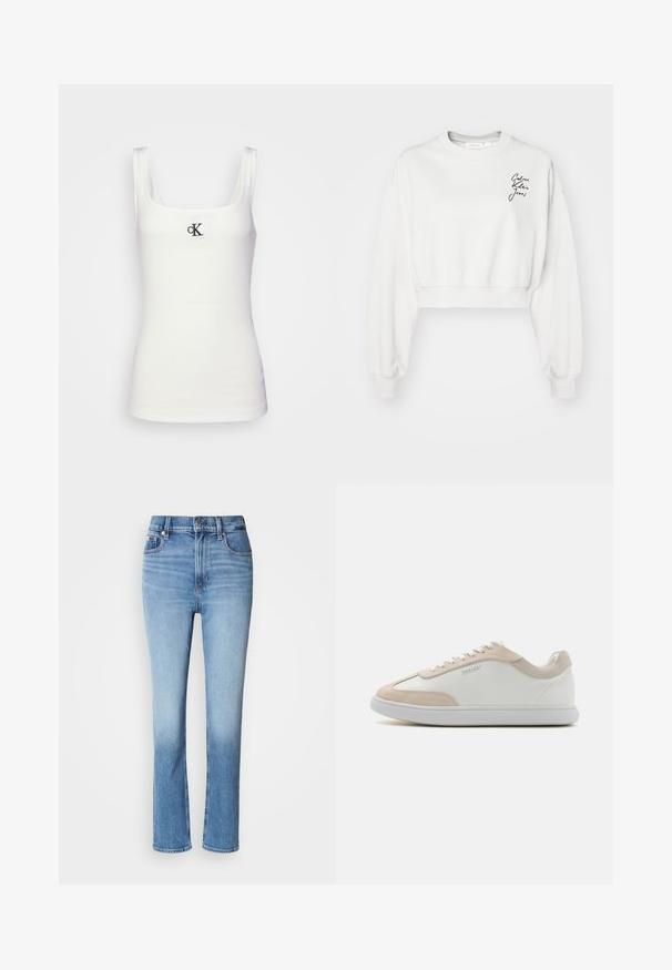 Weißer, gekürzter Sweatshirt mit langen Ärmeln, gerippten Bündchen und rundem Halsausschnitt. Mit einem schwarzen Schriftzug-Logo auf der linken Brustseite.; Weißes Baumwolltanktop mit quadratischem Ausschnitt und schmalen Trägern. Verfügt über ein kleines, schwarz gesticktes CK-Logo auf der Vorderseite.; Blaue Jeans aus Denim mit hoher Taille, gerader Beinführung, verblasstem Farbverlauf und fünf Taschen. Metallknopf- und Reißverschluss.; Weiße Ledersneaker mit beigen Wildleder-Akzenten und weißen Schnürsenkeln. Sie verfügen über eine runde Zehenform und eine gepolsterte Sohle für zusätzlichen Komfort.