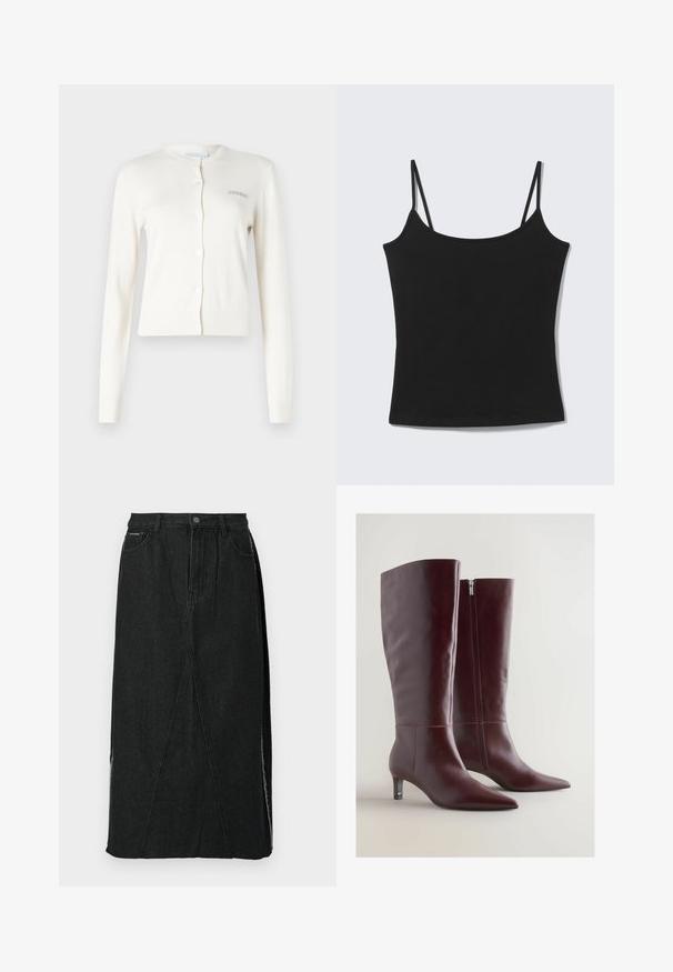 Witte cardigan, geribde manchetten en zoom, ronde hals, knoopsluiting, met kleine grijze geborduurde tekst "2ND DAY" aan de linkerkant.; Zwart, mouwloos, cropped tanktopje met dunne schouderbandjes en een rechte halslijn op een lichtgrijze achtergrond.; Zwarte spijkerrok met een hoge taille, rechte snit en unieke schuine naden. Voorzien van zijsplitten en een knoopsluiting in de taille.; Bordeaux leren laarzen tot aan de knie met een taps toelopende neus, decoratieve stiksels en een zijrits. Voorzien van een lage, slanke hak.