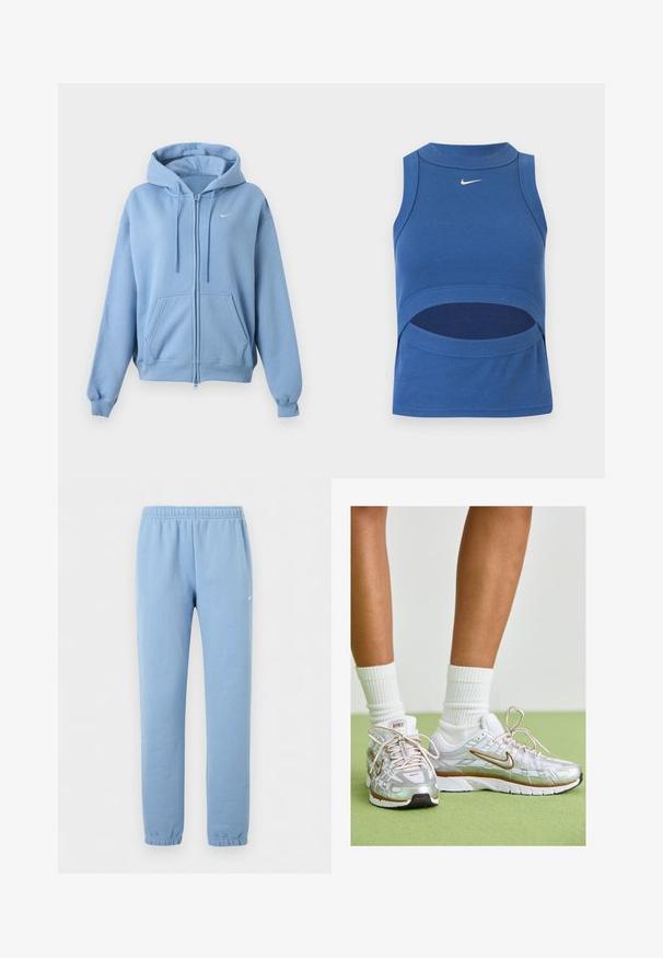 Lichtblauwe hoodie met rits, voorzakken, verstelbare capuchon met trekkoord, geribde manchetten en een klein wit Nike-logo op de borst.; Blauw mouwloos Nike crop top met hoge hals en een uitsnede bij de buik, geribde stof en wit Swoosh-logo middenvoor.; Lichtblauwe joggingbroek met elastische tailleband en boorden, klein wit Nike-logo op de linker dij, voorkant.; Zilveren sportschoenen met witte en gouden accenten, voorzien van een mesh bovenkant, rubberen zool en een reflecterende afwerking. Sokken zichtbaar boven de enkel.