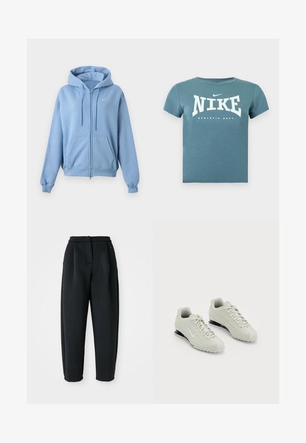 Lyseblå hættetrøje med lynlås, forlommer, justerbar snøre i hætten, ribstrikkede manchetter og et lille hvidt Nike-logo på brystet.; Kortærmet Nike t-shirt i teal med hvid "NIKE ATHLETIC DEPT." tekst og lille swoosh-logo på brystet, vist mod en ensfarvet baggrund.; Sorte bukser lavet af et glat stof, med en skræddersyet talje, plisseret front og tætsiddende ben med opsmøgede kanter.; Hvide Nike sneakers med en tekstureret overdel, der har en glat tæer og sorte polstringselementer. Snørebåndsstil med forstærket hæl.