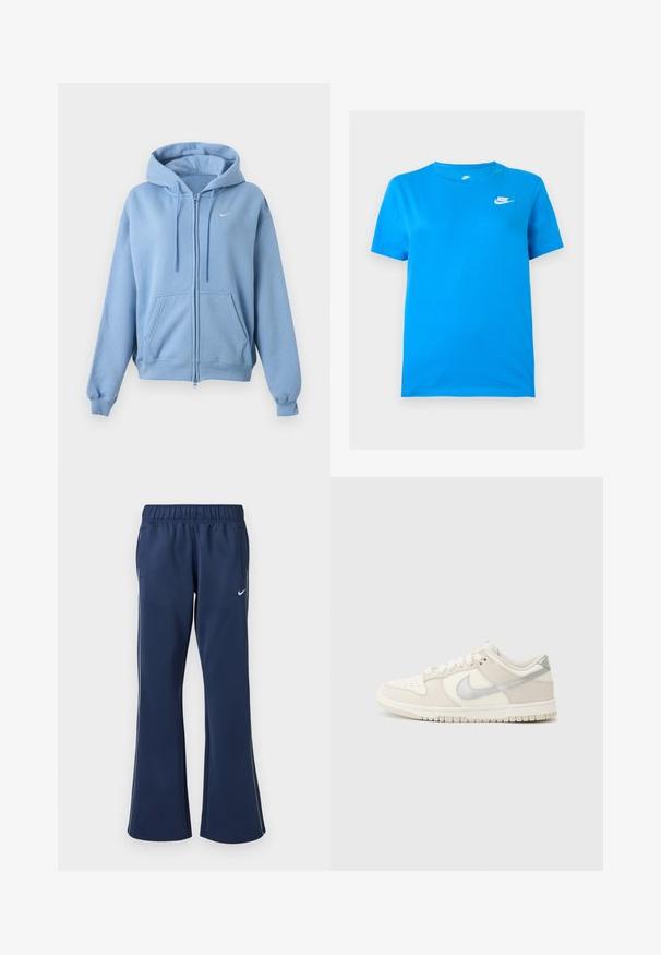 Lichtblauwe hoodie met rits, voorzakken, verstelbare capuchon met trekkoord, geribde manchetten en een klein wit Nike-logo op de borst.; Blauw short-sleeve Nike T-shirt met ronde hals en wit Nike-logo op de bovenste linkerborst tegen een effen achtergrond.; Marineblauwe sportbroek met een uitlopende pijp, elastische tailleband, zijzakken en een wit Nike-logo op de linkerdij. Gladde stofstructuur.; Lage sneakers in off-white leer en suède, met een zilveren Swoosh-logo, geperforeerde neus en een gegooid rubberen zool.