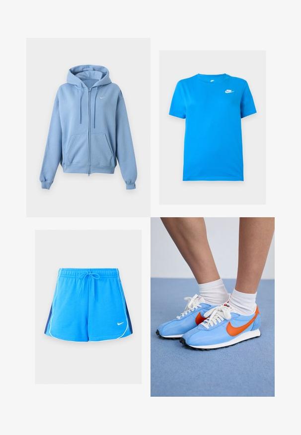Lyseblå hættetrøje med lynlås, forlommer, justerbar snøre i hætten, ribstrikkede manchetter og et lille hvidt Nike-logo på brystet.; Blå kortærmet Nike T-shirt med rund hals og hvidt Nike-logo på øverste venstre bryst mod en ensfarvet baggrund.; Blå atletikshorts med hvide kanter langs kanterne, navyblå sidestykker, elastisk talje, snøre og lille hvid Nike-logo foran.; Blå mesh- og ruskinds sneakers med orange accenter og hvide snørebånd. Sort gummisål. Båret med hvide crew-sokker på en blå overflade.