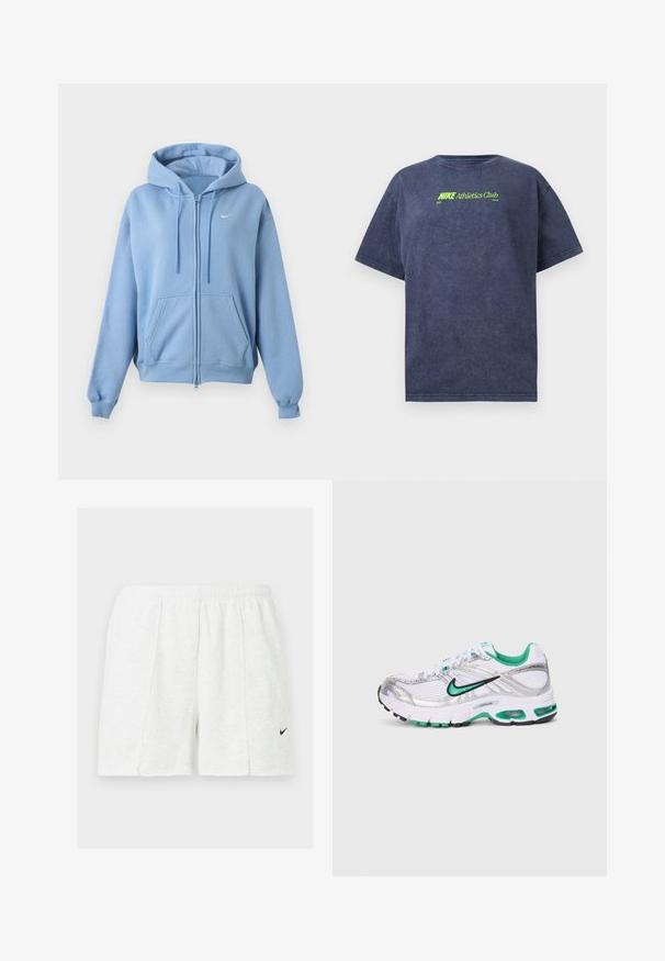 helehall sinise lukuga dressipluus esikülje taskute, reguleeritava nööriga kapuutsi, soonikkoes varrukate ja väikse valge Nike logoga rinnal.; Tumesinine lühikeste varrukatega T-särk neoonrohelise tekstiga "Nike Athletics Club Est. 1972" rinnal keskel.; Valged sportliku lõikega lühikesed püksid, kummiga vöökohaga ja vasakul jalal must Nike Swooshi logo, esitatud ühtlasel taustal.; Nike jooksujalats valges, hõbedases ja rohelises. Omab võrgu- ja sünteetilisi materjale, pehmendatud krae ning pehmendatud talla nähtavate õhuühikutega.