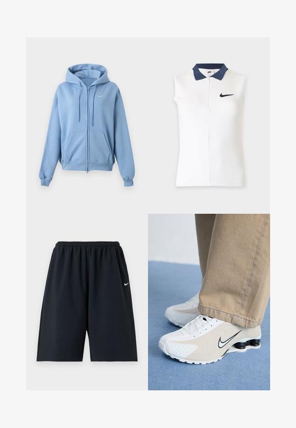 Hellblauer ZIP-Hoodie mit Fronttaschen, verstellbarer Kordelzugkapuze, gerippten Bündchen und kleinem weißen Nike-Logo auf der Brust.; Ärmelloses weißes, geripptes Poloshirt mit marineblauem Kragen und kleinem navyblauem Nike Swoosh-Logo auf der linken Brust.; Schwarze Nike Sportsshorts mit elastischem Bund und kleinem weißen Swoosh-Logo am rechten Oberschenkel, vor einfarbigem Hintergrund dargestellt.; Weiße und beigefarbene Nike-Sneaker mit durchlöchertem Design, schwarzem Swoosh-Logo, strukturiertem Obermaterial und auffälliger, federnder schwarzer Ferse.