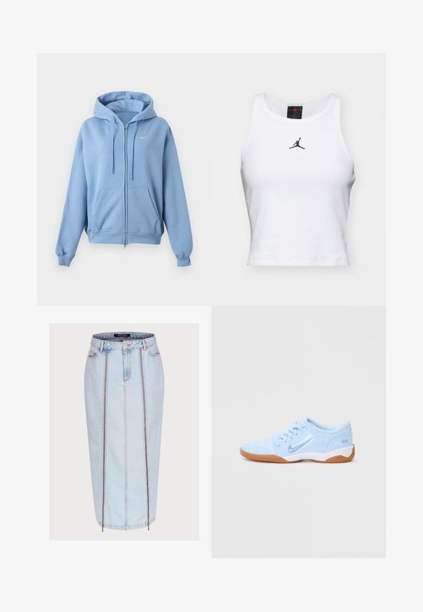 Hellblauer ZIP-Hoodie mit Fronttaschen, verstellbarer Kordelzugkapuze, gerippten Bündchen und kleinem weißen Nike-Logo auf der Brust.; Weißes Crop-Top aus Baumwolle mit geripptem Struktur. Verfügt über ein schwarzes Jordan-Logo in der Mitte und einen klassischen Rundhalsausschnitt.; Hellblauer Jeansrock mit taillierter Passform, ausgestattet mit zwei vorderen Reißverschlusstaschen, mittigen Nahtdetails und einer Länge bis zur Mitte der Wade.; Helle blaue Sportschuhe mit einem glatten synthetischen Obermaterial, strukturierten Akzenten und einer Gummisohle. Mit einem Logo an der Seite.