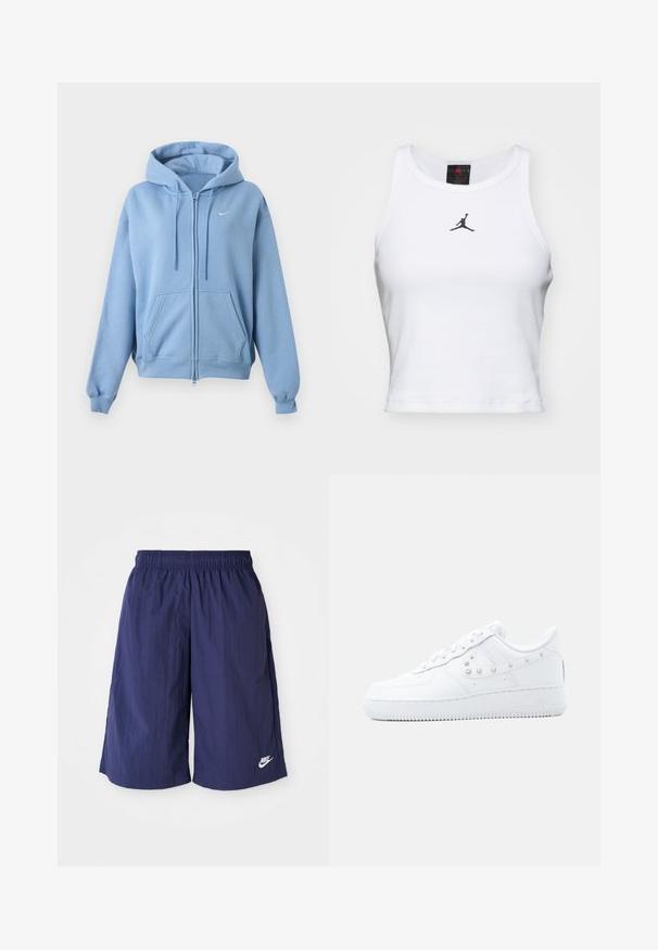 helehall sinise lukuga dressipluus esikülje taskute, reguleeritava nööriga kapuutsi, soonikkoes varrukate ja väikse valge Nike logoga rinnal.; Valge lühike puuvillane tank top ribakangast. Keskel on must Jordan'i logo ja klassikaline ümar kaelus.; Tumedane sinine Nike'i lühikesed püksid elastse vöökohtaga, valmistatud kergest ja siledast kangast, millel on alumises servas väike valge logo.; Valge Nike Air Force 1 tennise jalanõu, millel on naelutatud Swoosh-detail ja paks tald, esitatud ühevärvilise helehall tausta ees.