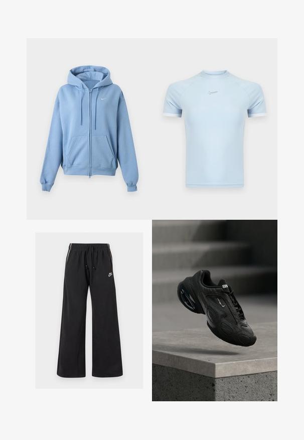 Lyseblå hættetrøje med lynlås, forlommer, justerbar snøre i hætten, ribstrikkede manchetter og et lille hvidt Nike-logo på brystet.; Lyseblå atletisk t-shirt med korte ærmer lavet af glat stof. Har rund halsudskæring og subtilt Nike-logo på brystet med hvide detaljer.; Sorte sweatpants lavet af blødt stof, med en elastisk talje og snøre, sidestriber og et lille logo på venstre front.; Sort atletiksko med tekstureret læderoverdel, fremtrædende logo og polstret sål. Indeholder abstrakte mønstre og glatte, afrundede detaljer.