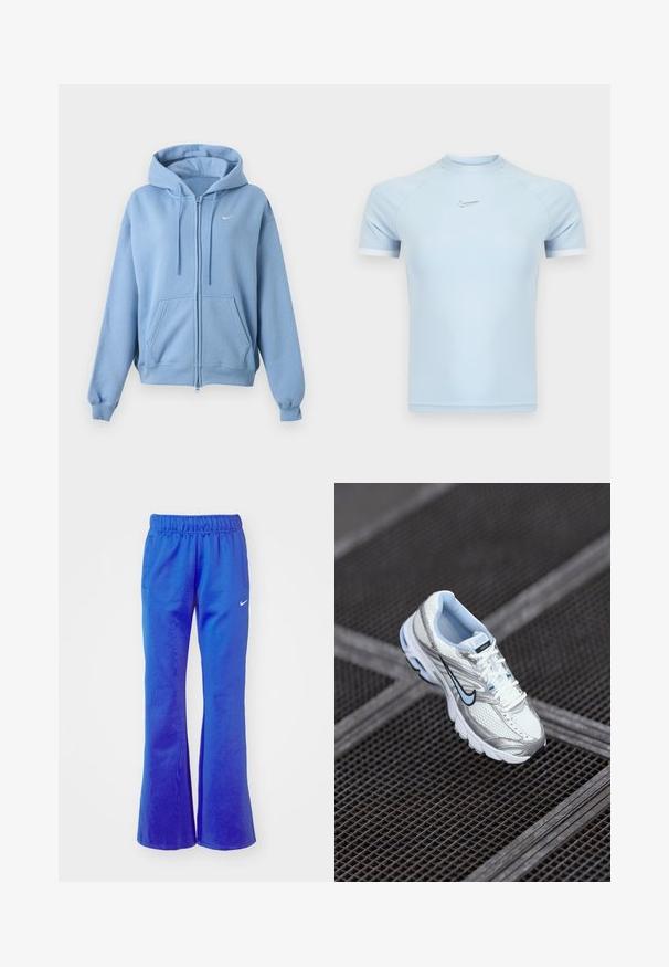 helehall sinise lukuga dressipluus esikülje taskute, reguleeritava nööriga kapuutsi, soonikkoes varrukate ja väikse valge Nike logoga rinnal.; Heleroheline lühikeste varrukatega sportlik top, valmistatud siledast kangast. Omab ümara kaelusega lõiget ja diskreetset Nike logo rinnal, valgete detailidega.; Heledad sportlikud püksid eredas sinises, millel on elastne vöökoht, kaks küljetaskut ja väike valge logo esiküljel.; Valge võrkmaterjalist sportlik king, millel on hõbedased aktsendid, helesinine õmblus ja must swoosh logo. Omab pehmendustega krae ja tekstuurset tallat.