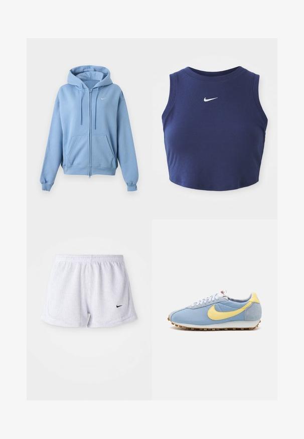 Sweat à capuche zippé bleu clair avec poches avant, capuche réglable avec cordon, poignets côtelés et petit logo Nike blanc sur la poitrine.; Top court en bleu marine à côtes avec un décolleté rond et sans manches, présentant un petit logo Nike blanc sur la poitrine.; Shorts de sport blancs à côtes avec une taille élastique et un petit logo Nike noir en bas à gauche. Design simple et minimaliste.; Baskets en mesh bleu et en daim avec un swoosh Nike jaune, des lacets blancs et une semelle marron clair ; design athlétique classique.