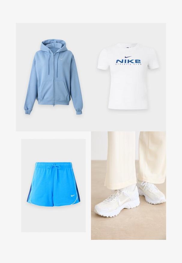 Hellblauer ZIP-Hoodie mit Fronttaschen, verstellbarer Kordelzugkapuze, gerippten Bündchen und kleinem weißen Nike-Logo auf der Brust.; Weißes Nike T-Shirt mit kurzen Ärmeln, blauer Aufschrift "NIKE ATHLETIC CLUB" und dunkelblauem Nike-Swoosh-Logo in der Mitte vorne.; Blaue Sportshorts mit weißen Paspelierungen an den Rändern, marineblaue Seitenpaneele, elastischer Bund, Kordelzug und ein kleines weißes Nike-Logo vorne.; Weiße Sportschuhe mit einem Netzdesign, strukturierten Oberflächen und unterstützenden Sohlen. Schnürsenkel und dezente Markenkennzeichnung an der Seite.