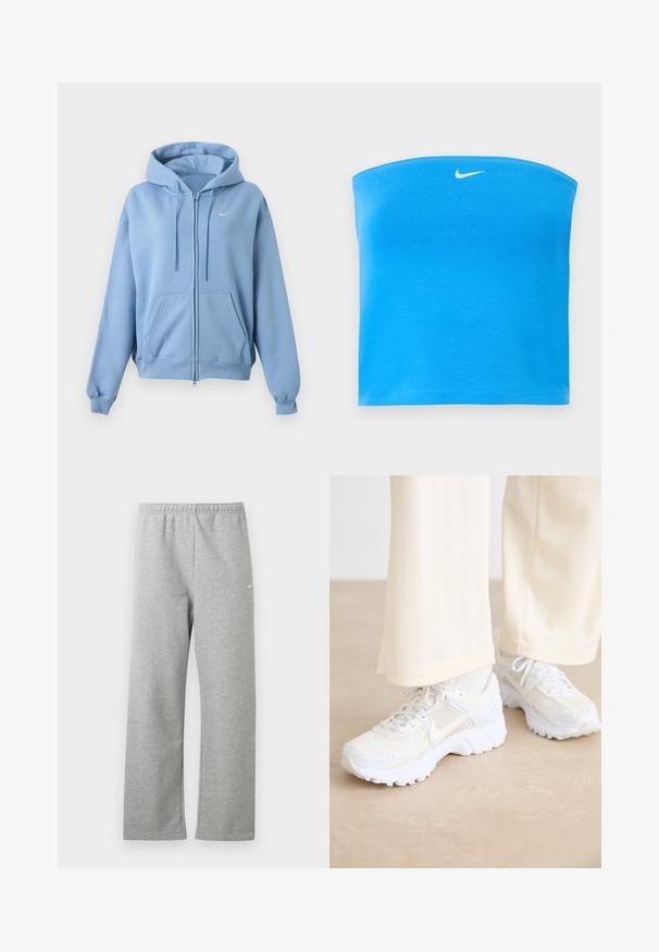 Svetlomodrá mikina na zips s prednými vreckami, nastaviteľnou kapucňou so šnúrkou, rebrovanými manžetami a malým bielym logom Nike na hrudi.; Svetlomodrý bezramienkový tube top značky Nike s bielym logom Swoosh umiestneným v strede blízko horného okraja.; Svetlosivé tepláky s elastickým pásom a malým bielym logom Nike na hornej časti stehna, zobrazené na bielom pozadí.; Biele športové topánky s priedušnou konštrukciou, textúrovanými povrchmi a podporujúcimi podrážkami. Šnúrky a diskrétna značka na boku.