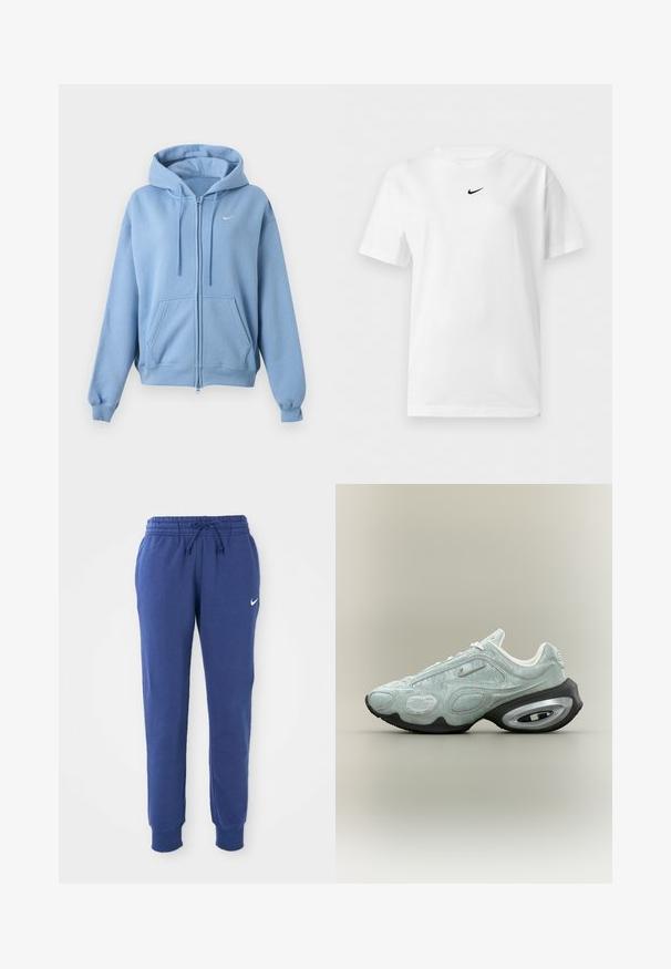 Hellblauer ZIP-Hoodie mit Fronttaschen, verstellbarer Kordelzugkapuze, gerippten Bündchen und kleinem weißen Nike-Logo auf der Brust.; Weißes T-Shirt mit kurzen Ärmeln und Rundhalsausschnitt, mit einem kleinen schwarzen Nike Swoosh-Logo zentriert nahe dem Kragen.; Blaue Nike-Sweatpants mit elastischem Bund, Kordelzug, Bündchen an den Knöcheln und weißem Nike-Swoosh-Logo am linken Oberschenkel.; Hellgrauer Nike-Sneaker mit schwarzer und silberner luftgepolsterter Sohle, strukturiertem Obermaterial und kleinem silbernen Swoosh-Logo an der Seite.