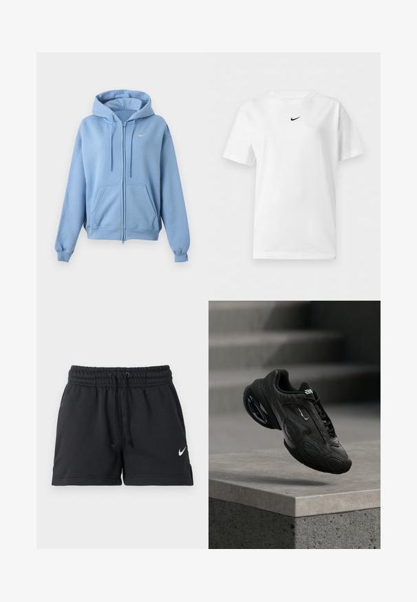 Sweat à capuche zippé bleu clair avec poches avant, capuche réglable avec cordon, poignets côtelés et petit logo Nike blanc sur la poitrine.; T-shirt blanc manches courtes à col rond avec un petit logo noir Nike Swoosh centré près du col.; Shorts de sport Nike noirs avec taille élastique, cordon de serrage, poches latérales et logo swoosh blanc sur la jambe gauche.; Chaussure de sport noire avec tige en cuir texturé, logo proéminent et semelle amortissante. Présente des motifs abstraits et des accents lisses et arrondis.