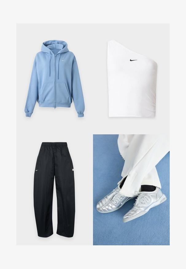 Lichtblauwe hoodie met rits, voorzakken, verstelbare capuchon met trekkoord, geribde manchetten en een klein wit Nike-logo op de borst.; Witte Nike crop top met één schouder en zwart swoosh-logo aan de voorzijde linkerkant tegen een effen achtergrond.; Zwarte, loszittende trainingsbroek gemaakt van lichtgewicht materiaal. Voorzien van een elastische tailleband, verstelbaar trekkoord en logo-accenten.; Zilveren sportschoenen met een gladde, glanzende afwerking, voorzien van een gestikt ontwerp en het nummer 90 aan de zijkant, gecombineerd met witte broek.