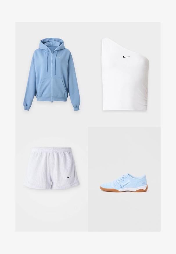 Svetlomodrá mikina na zips s prednými vreckami, nastaviteľnou kapucňou so šnúrkou, rebrovanými manžetami a malým bielym logom Nike na hrudi.; Biely jednoramenný crop top Nike s čiernym logom swoosh na prednej ľavej strane na jednotnom pozadí.; Biele, rebrované športové šortky s elastickým pásom a malým čiernym logom Nike na dolnej ľavej strane. Jednoduchý, minimalistický dizajn.; Svetlomodrá športová obuv s hladkým syntetickým zvrškom, textúrovanými akcentmi a gumovou podrážkou. Obsahuje logo na boku.