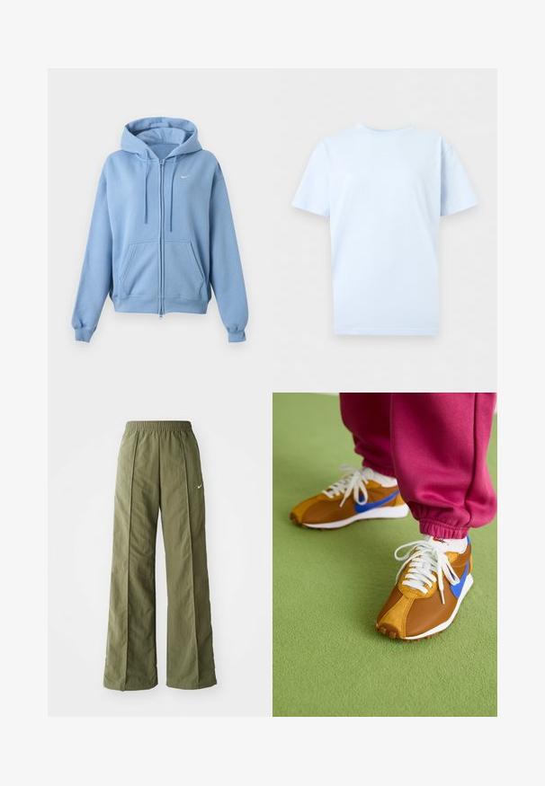 helehall sinise lukuga dressipluus esikülje taskute, reguleeritava nööriga kapuutsi, soonikkoes varrukate ja väikse valge Nike logoga rinnal.; Helehall sinise lühikeste varrukatega ümara kaelusega T-särk, millel on rinnale keskele paigutatud väike valge Nike Swooshi logo.; Olivroheline laiad püksid, mis on valmistatud kerge kangaga, millel on elastne vöökoht ja ees väike valge logo.; Pruunid ja sinised spordijalatsid, mis on valmistatud võrgust ja nahast, valgete paeltega ning tekstuurse pruuni tallaga, paigutatud rohelisele põrandale.