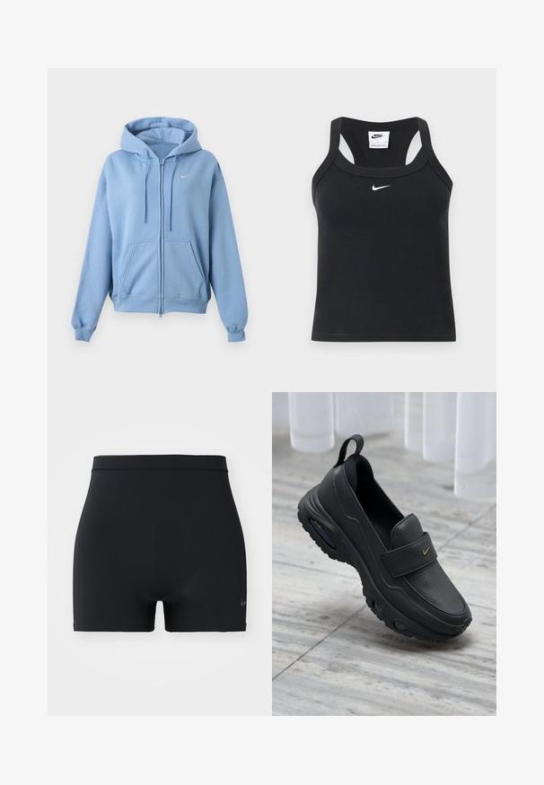 Lichtblauwe hoodie met rits, voorzakken, verstelbare capuchon met trekkoord, geribde manchetten en een klein wit Nike-logo op de borst.; Zwarte Nike ribgebreide racerback crop top met wit Nike swoosh-logo gecentreerd onder de halslijn.; Zwarte sportshorts gemaakt van glad, elastisch materiaal, met een middelhoge tailleband en een klein Nike-logo aan de linkerkant.; Zwarte lederen instapschoen met een platte zool, een gestructureerde afwerking, een gevoerde bovenzijde en een gouden logo-accent. Ontworpen voor comfort en gemakkelijke draagbaarheid.