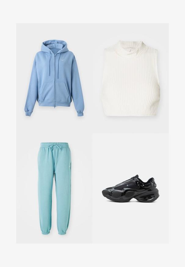 Svetlomodrá mikina na zips s prednými vreckami, nastaviteľnou kapucňou so šnúrkou, rebrovanými manžetami a malým bielym logom Nike na hrudi.; Biely rebrovaný bezrukávový crop top s vysokým golierom a jemným detailom gombíka na golieri, vyrobený z hladkej, elastickej látky.; Svetlo modré tepláky vyrobené z mäkkej tkaniny s elastickým pásom, detailom na šnúrku a elastickými manžetami na členkoch. Malé logo na boku.; Čierny teniska s lesklými a sieťovanými panelmi, zaoblenými segmentmi podrážky a malými kvetinovými ozdobami pri päte a šnúrkach.