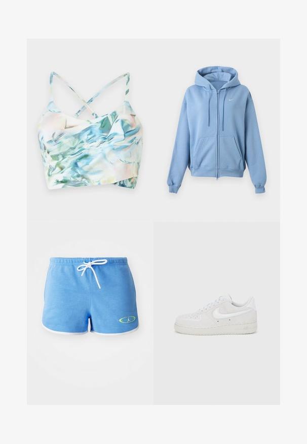 Vaaleansininen vetoketjullinen huppari, jossa etutaskut, säädettävä kiristysnauhalla varustettu huppu, resorit hihoissa ja pieni valkoinen Nike-logo rinnassa.; Etualta näkymä leikatuista bikinitoppista, joka on valmistettu monivärisestä, hohtavasta kankaasta, ristiin menevillä olkaimilla. Topissa on aaltoileva kuvio sinisen ja vihreän sävyissä.; Vaaleansinisiä puuvillahortsseja, joissa on valkoinen nyöri, valkoiset reunat ja vihreällä korostettu logo vasemmassa alakulmassa.; Valkoiset mokkaiset Nike Air Force 1 -tossut, joissa on teksturoitu pinta, pyöreä kärki ja kontrastivalkoinen logokoriste, kumipohjalla.